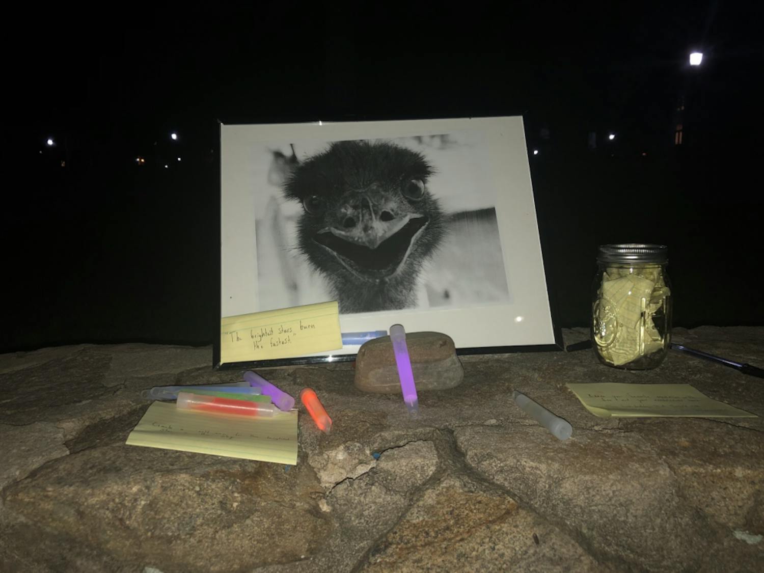 Students and community members gathered on Sunday night for a vigil to remember Eno the emu. 