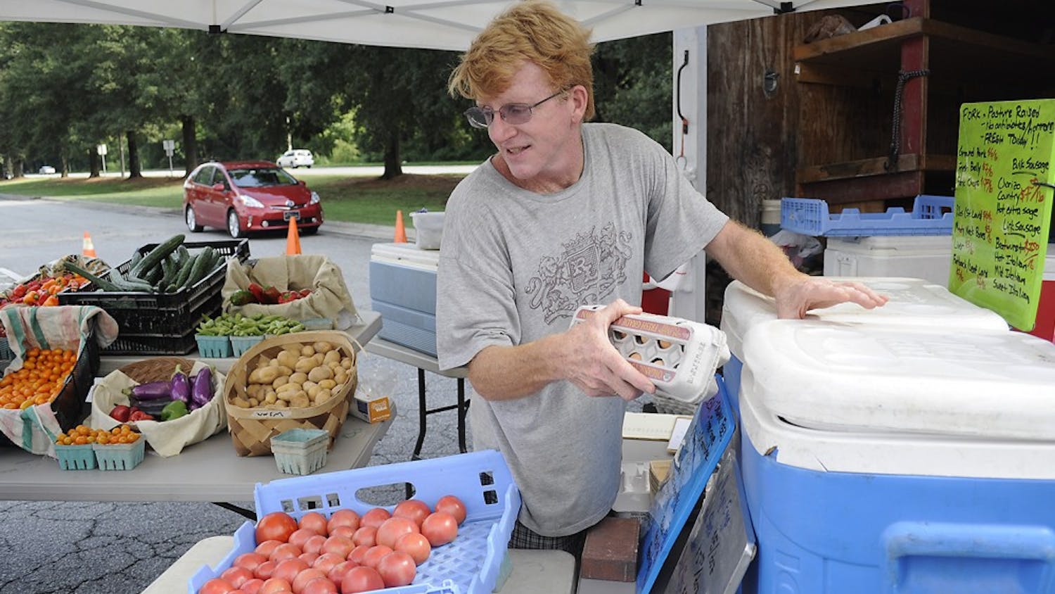Ben Bergmann, a farmer from Fickle Creek Farm, has been a participant of the Chapel Hill Market for 12 years.   Taking place in the parking lot of University Mall, the market is has moved its location several times.  With the prospect of having a permanent home, Bergman says, "I wish it could be here permanently but it's a little tenuous to be honest.  It would be nice if we had a longer term commitment from the mall."