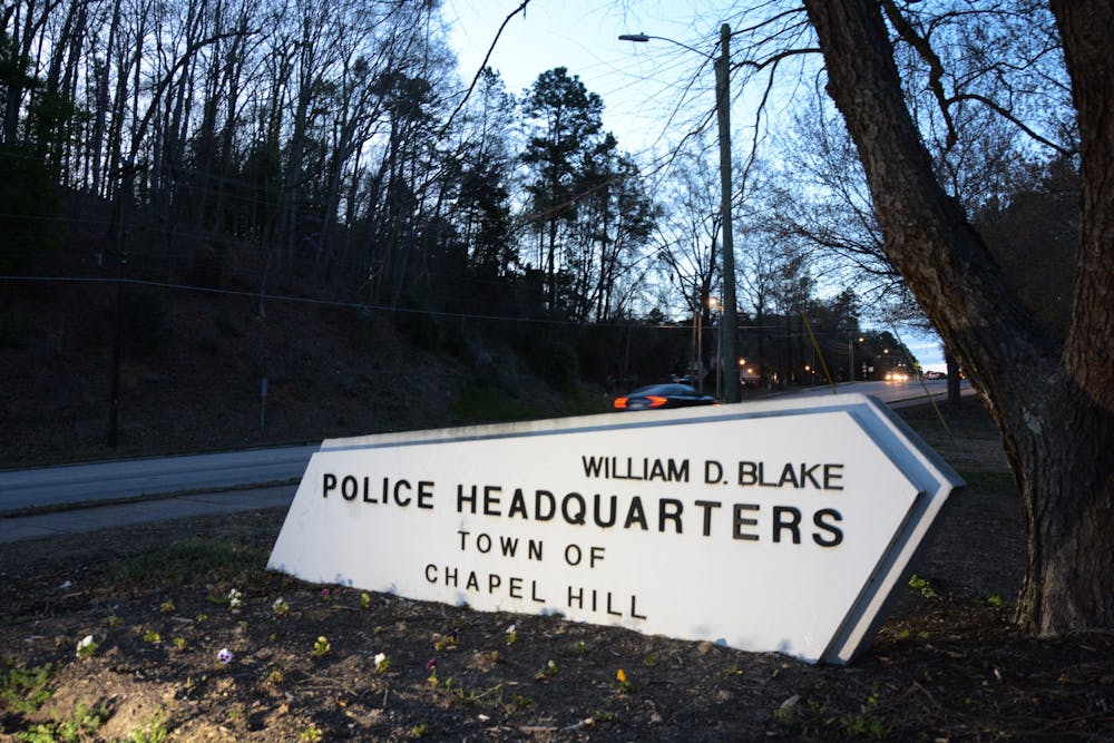 <p>The sign at the entrance of the Chapel Hill Police headquarters is pictured on Wednesday, March 8.</p>