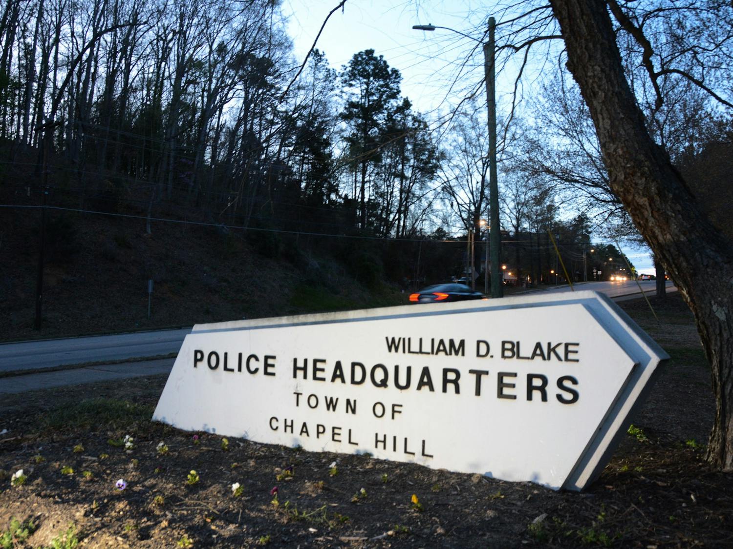 The sign at the entrance of the Chapel Hill Police headquarters is pictured on Wednesday, March 8.