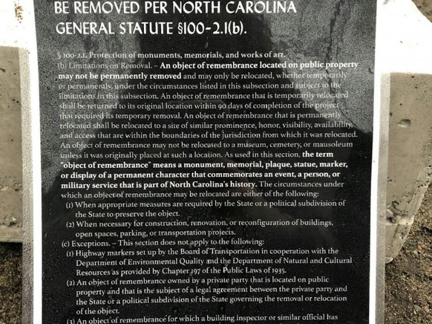 James Cates' plaque cites N.C. General Statute 100-2.1, which is commonly used as the law prohibiting Confederate monument Silent Sam’s removal, as reason that the plaque cannot be removed.