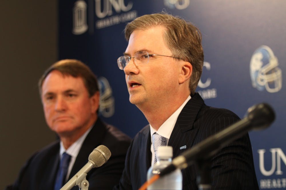 Butch Davis, Holden Thorp, Dick Baddour, and Steve Kirschner give a press conference on possible academic misconduct involving the football team. The NCAA investigation encapsulated the 2010 UNC football season. It is still unknown when the university will hear decisions from the NCAA.