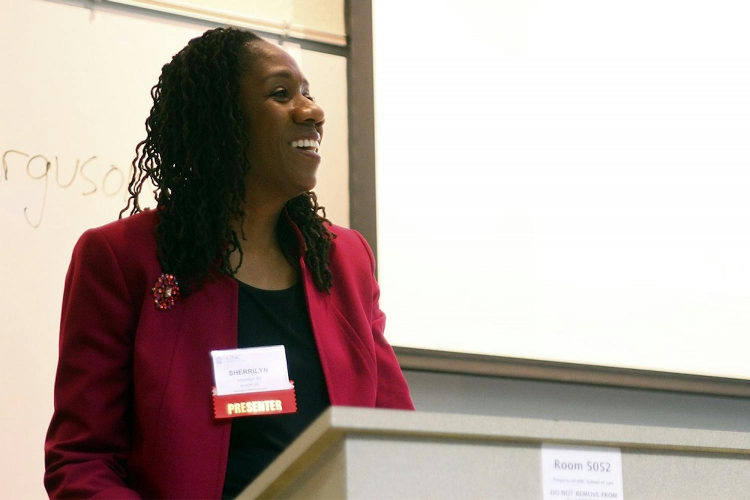 Sherrilyn Ifill, President and Director-Counsel of the NAACP Legal Defense Fund, speaks at a panel discussion, Police Violence in the Wake of Ferguson and Staten Island, at the UNC School of Law on Friday.