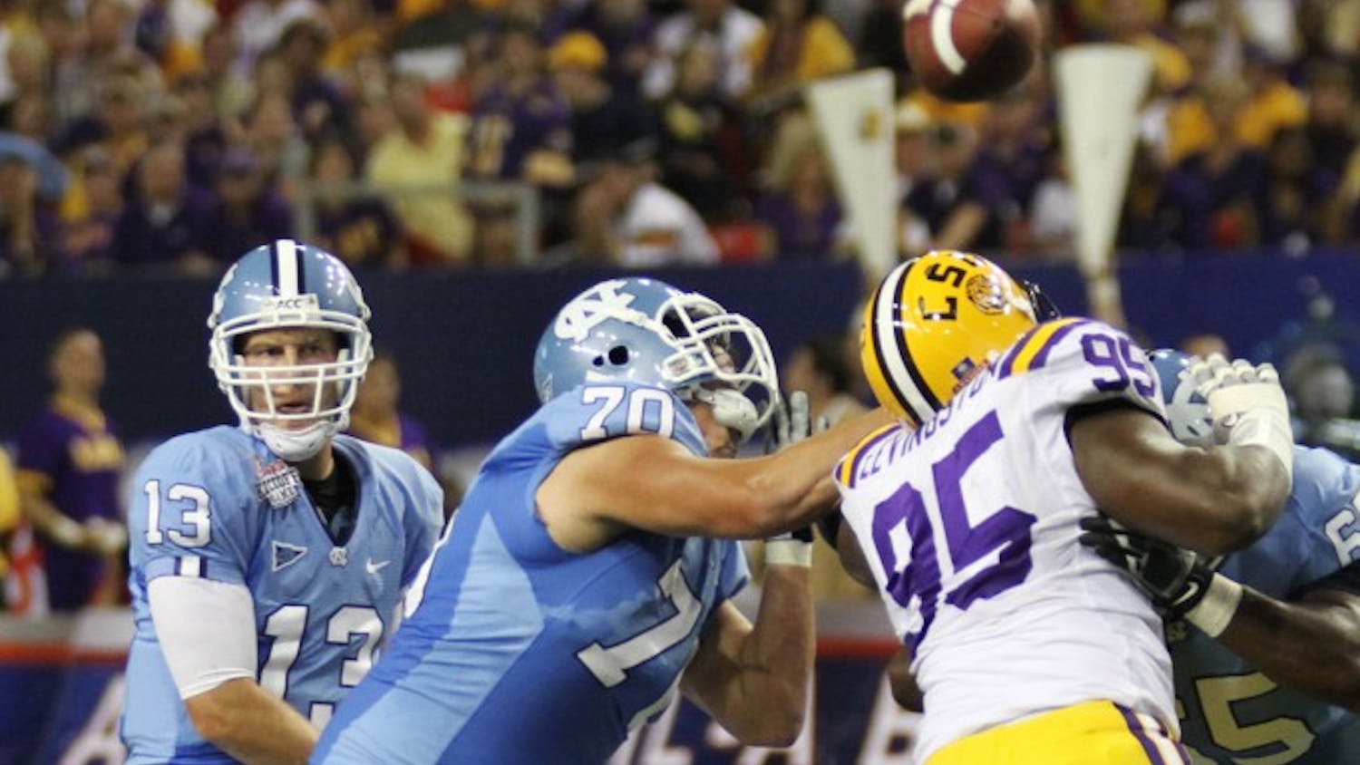 Quarterback T.J. Yates threw for 412 yards and three touchdowns in Saturday night’s 30-24 loss to LSU. The senior’s best series was a 13-play, 67-yard touchdown drive that brought UNC within six points after trailing by 20 entering the fourth quarter.