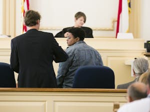 Maya Little and her lawyer prepare for the start of her hearing on Monday, Oct. 15, 2018, in Hillsboro N.C.