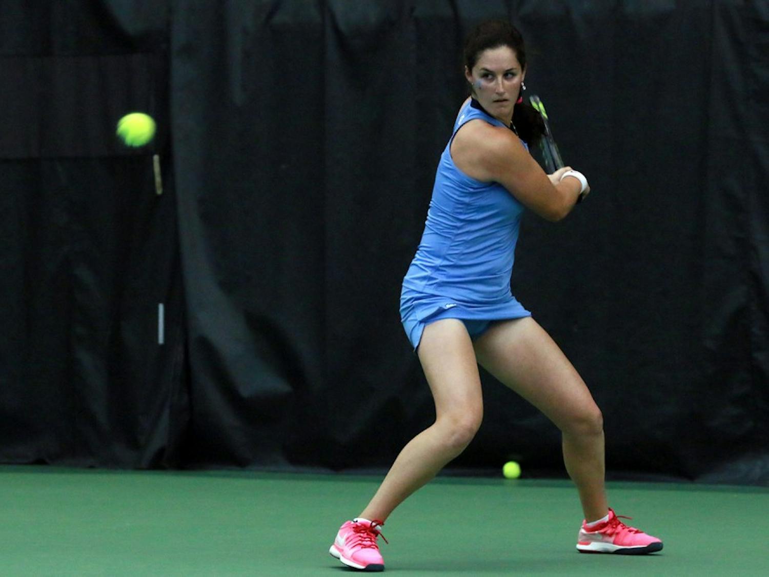 Sophomore Jamie Loeb hits the ball back on Wednesday in a match against Duke. Loeb defeated Beatrice Capra during the singles competition.