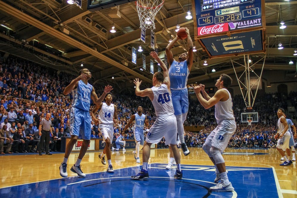 Kennedy Meeks (3) goes up for a shot against Duke&nbsp;in Cameron Indoor Stadium on March 5, 2016.&nbsp;