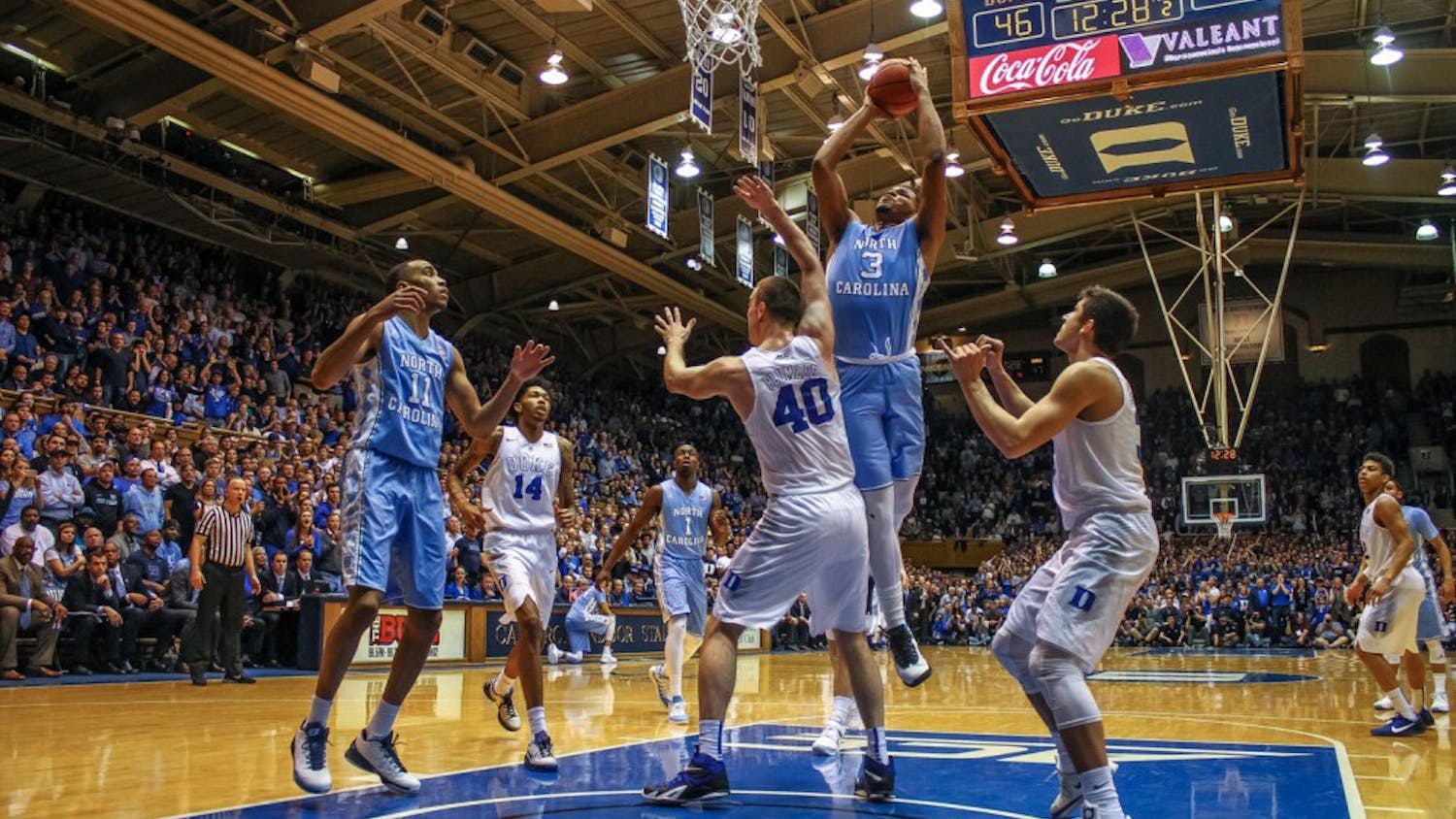 Kennedy Meeks (3) goes up for a shot against Duke&nbsp;in Cameron Indoor Stadium on March 5, 2016.&nbsp;