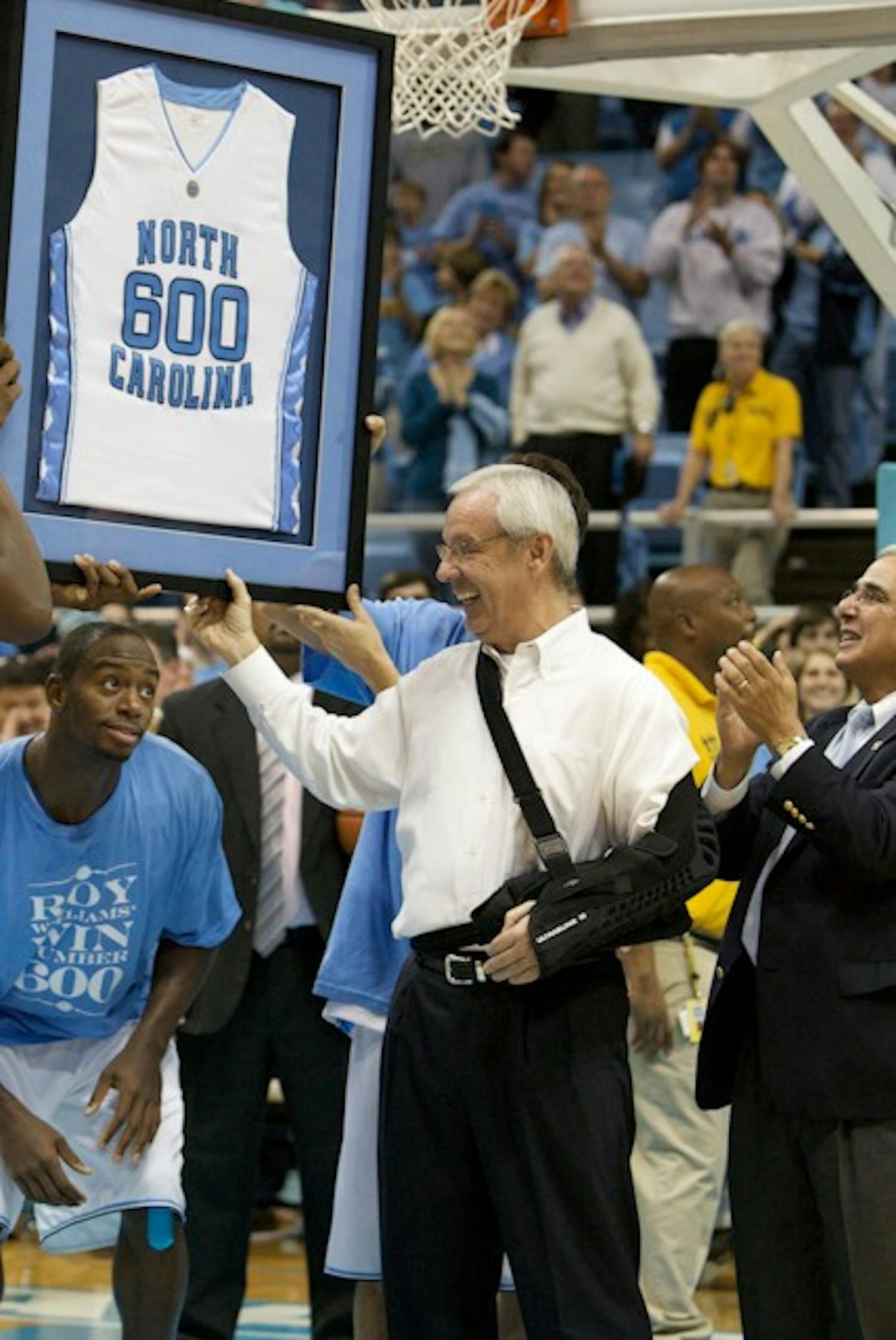 Coach Roy Williams earned his 600th win Sunday night against Nevada.
