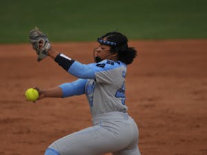 UNC sophomore pitcher Hannah George pitches the ball during a game against Elon on Wednesday, Feb. 26, 2020 in G. Anderson Softball Stadium. UNC lost to Elon 2-1.