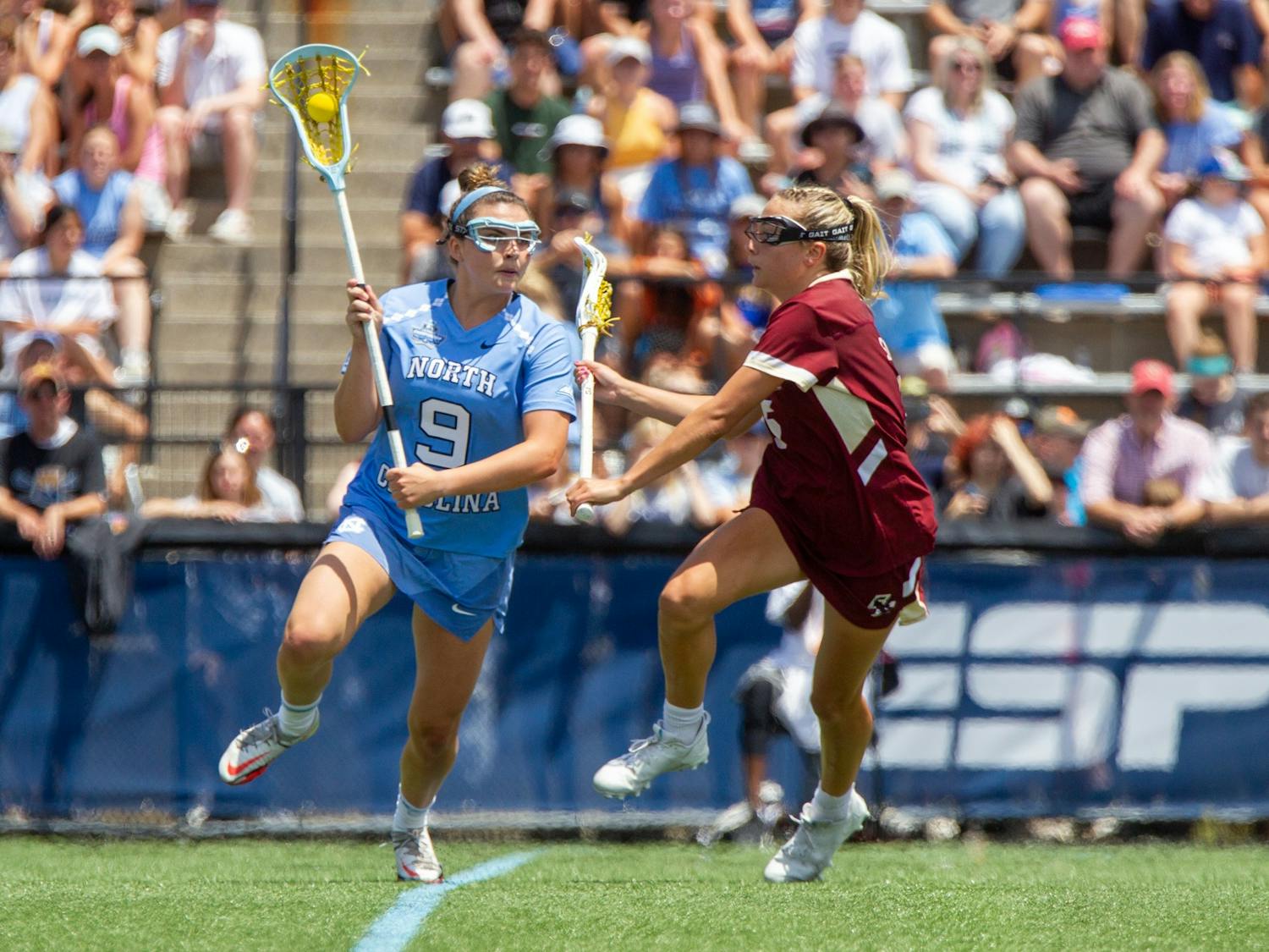 Junior midfielder Nicole Humphrey (9) cradles the ball during UNC's NCAA Tournament Championship Final against Boston College at Homewood Field in Baltimore, Md. on Sunday, May 29, 2022. UNC won 12-11.