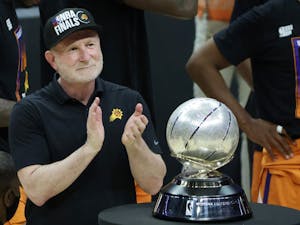 Phoenix Suns owner Robert Sarver stands with the Western Conference Championship trophy after the Suns eliminated the Los Angeles Clippers in Game 6 of the Western Conference Finals at Staples Center on June 30, 2021, in Los Angeles.
Photo Courtesy of Harry How/Getty Images/TNS.