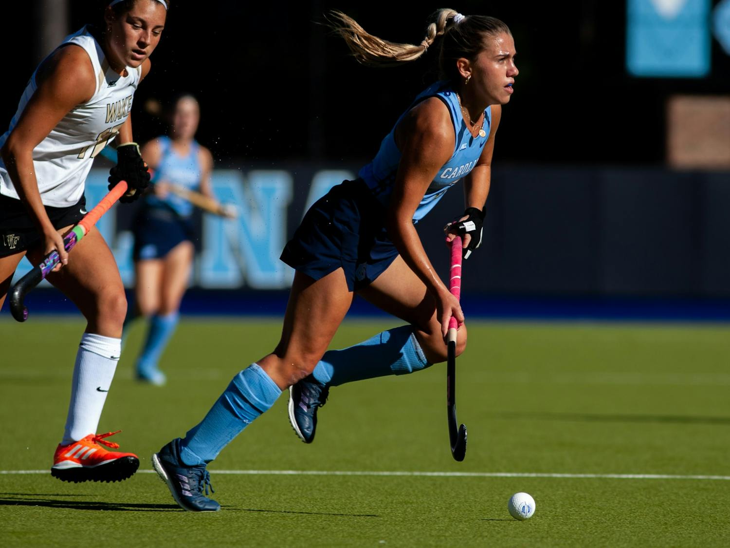 UNC first-year forward Ashley Sessa (3) protects the ball during the Tar Heels' 1-0 victory against Wake Forest on Friday, Sept. 23, 2022, at Karen Shelton Stadium.