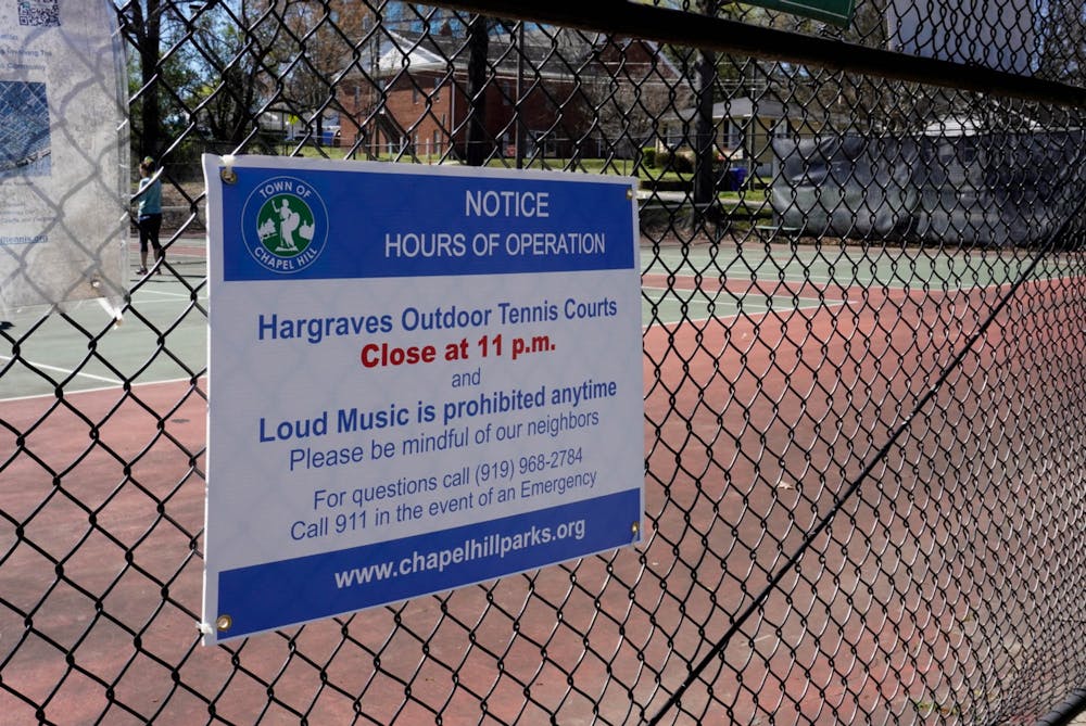 <p>The tennis courts in Hargraves Community Park are pictured on March 4, 2023. The courts are in the process of being repaved.&nbsp;</p>
