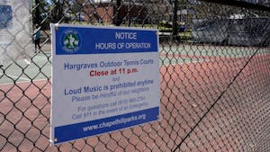 The tennis courts in Hargraves Community Park are pictured on March 4, 2023. The courts are in the process of being repaved.&nbsp;