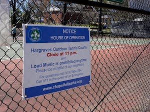 The tennis courts in Hargraves Community Park are pictured on March 4, 2023. The courts are in the process of being repaved.&nbsp;