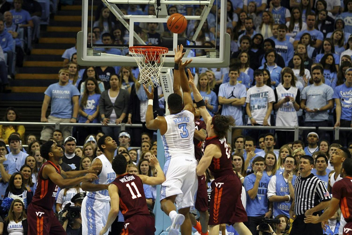 UNC sophomore forward Kennedy Meeks (3) goes up for a layup.