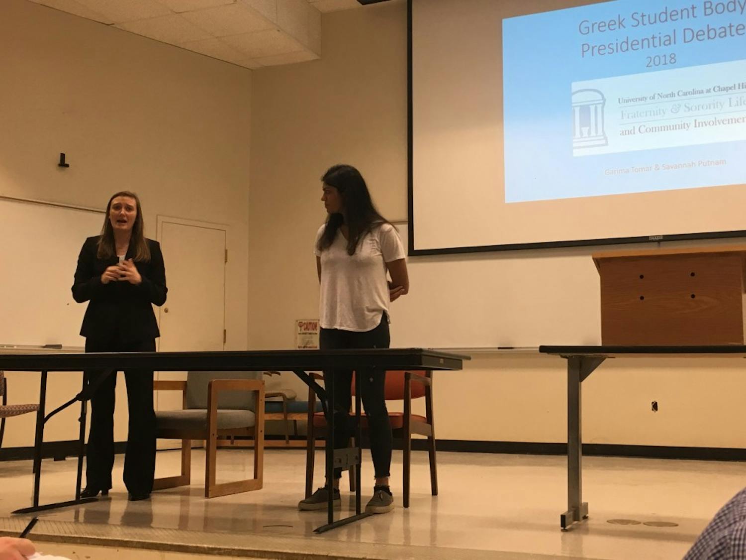Garima Tomar and Savannah Putnam participated in the first student body presidential debates of the election season on Sunday. 