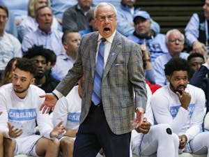UNC's men's basketball coach Roy Williams yells from the sidelines during a game against Boston College in the Smith Center on Saturday, Feb. 1, 2020. UNC fell to Boston College by just one point in the last minutes of the game, making the final score 71-70.
