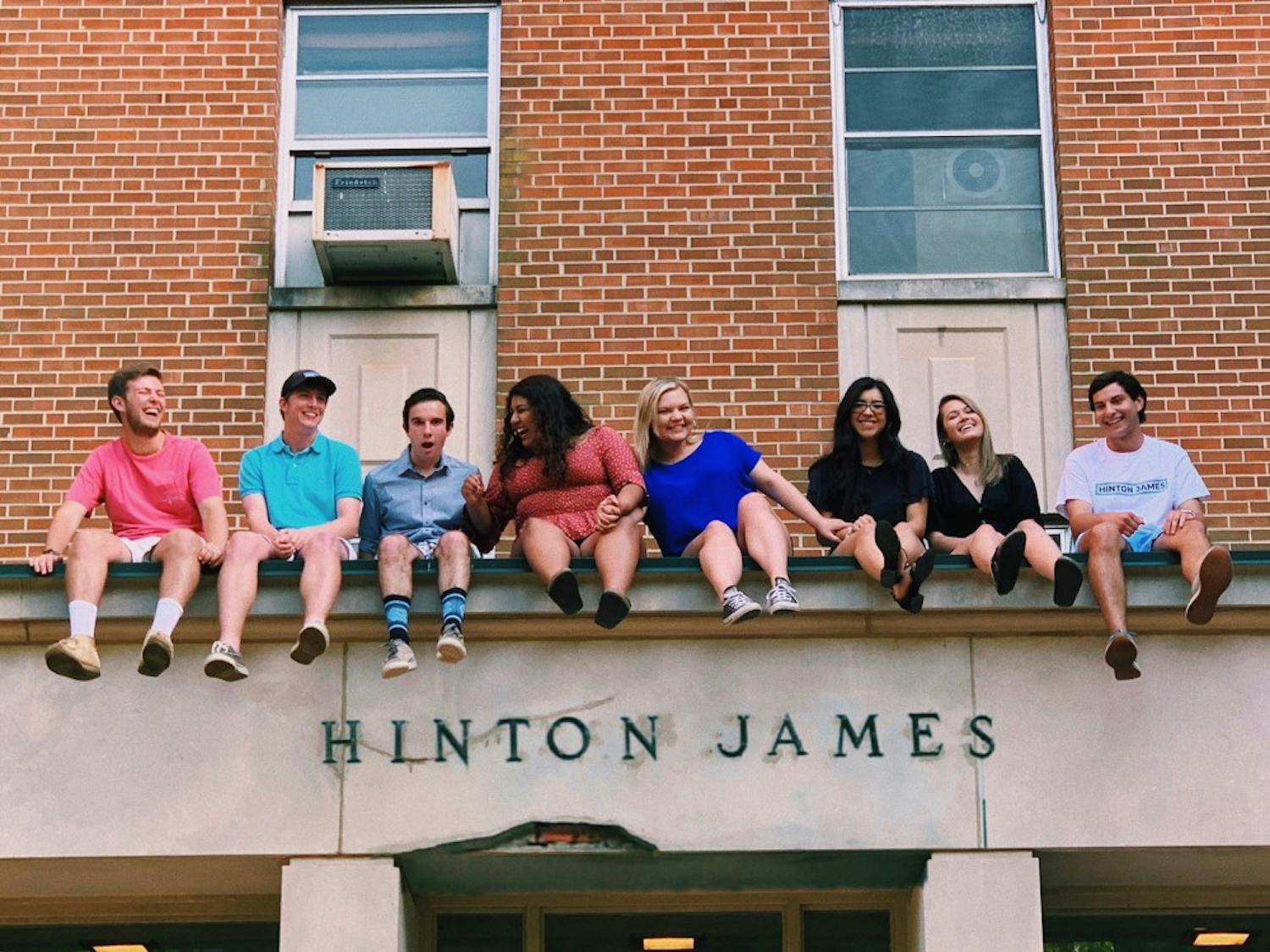 Spence Perry and his friend group atop one of the first-year residential halls, Hinton James. 