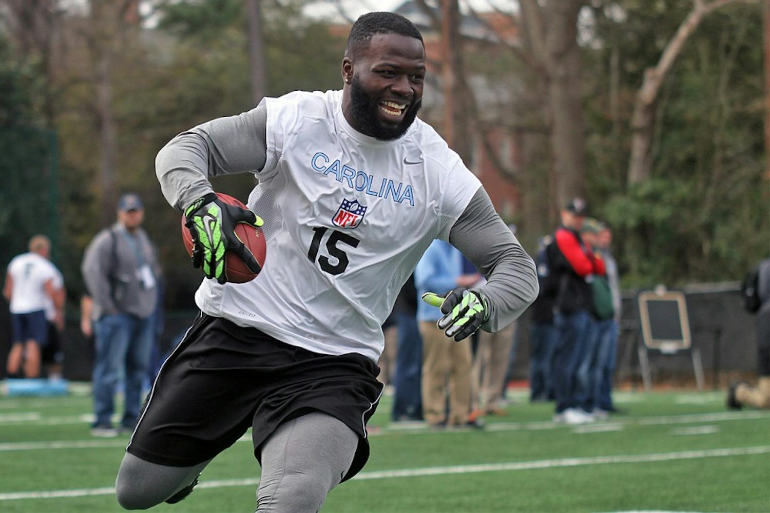 UNC football players worked out on Tuesday morning in front of NFL scouts.