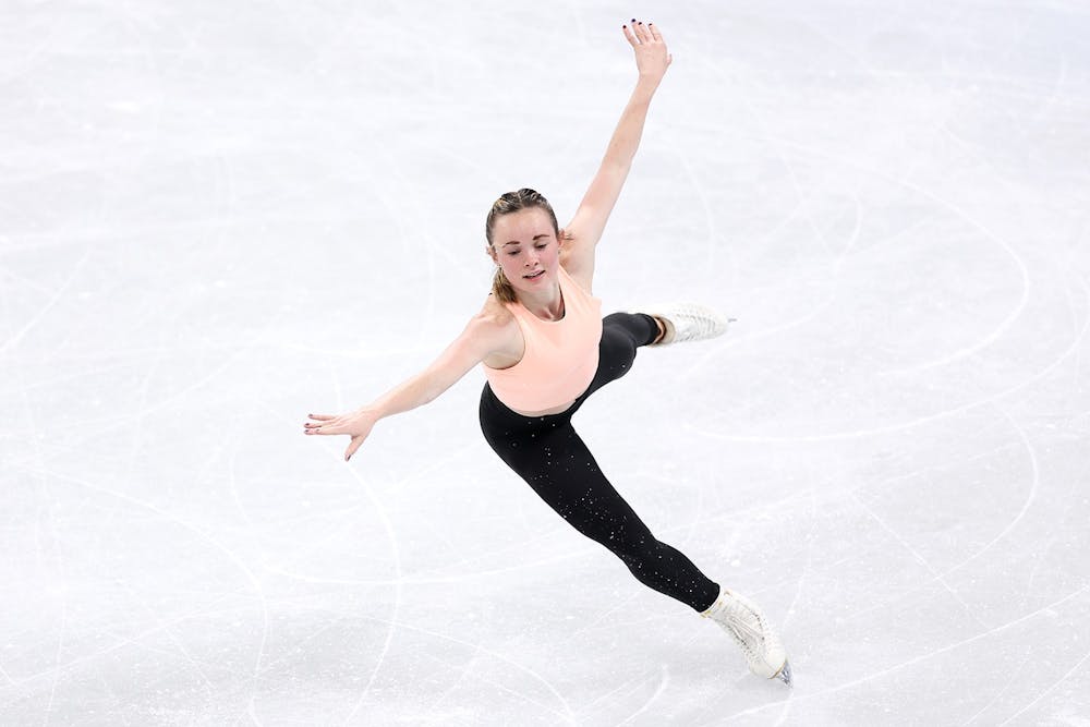 Mariah Bell of Team United States skates during a women's figure skating training session ahead of the Beijing 2022 Winter Olympic Games at Capital Indoor Stadium on Feb. 2, 2022, in Beijing, China. Photo courtesy of Matthew Stockman/Getty Images/TNS. 