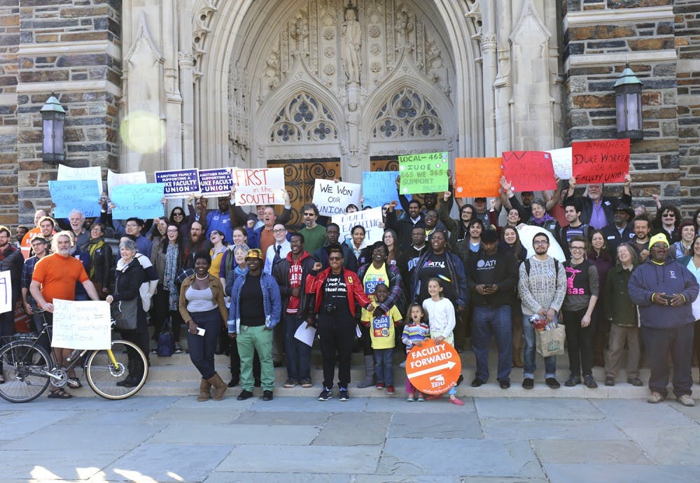 <p>People gather at Duke Chapel to celebrate Duke Teaching First becoming eligible to unionize.</p>