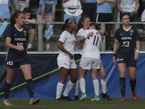 Florida State celebrates the only goal of the NCAA Championship game against UNC on Sunday, Dec. 2, 2018 at WakeMed Soccer Park. 
