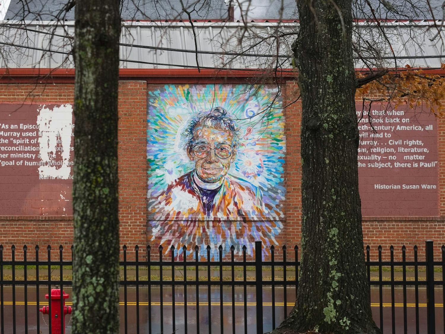 A mural of Pauli Murray, a local civil rights activist and the subject of a new WUNC podcast adorns a wall along S Buchanan Blvd in Durham on Sunday, Feb. 14, 2021. The piece is part of a collaborative public art project in Durham called “Face Up: Telling Stories of Community Life.”