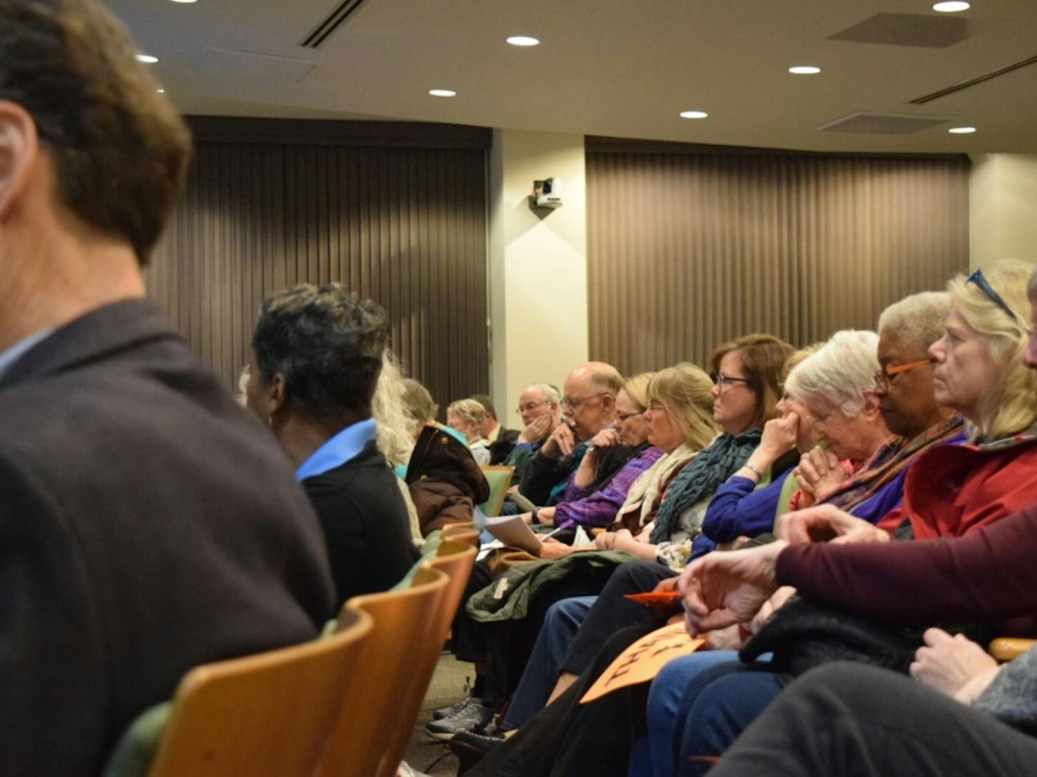 Citizens of Chapel Hill gather to discuss the topic of the coal plant implementation in town and its effect on UNC. "Don't let UNC drag it's feet," coming from the words of John Wagner speaking on the issue at Chapel Hill's Town Hall on Wednesday, Feb. 9, 2019.&nbsp;