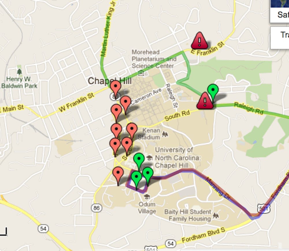 	<p>Chapel Hill Transit&#8217;s <a href="http://maps.google.com/maps/ms?msid=211759111676659117280.0004b0226c2f4409ddf83&amp;amp;msa=0">detour Google map</a> details the detours. </p>