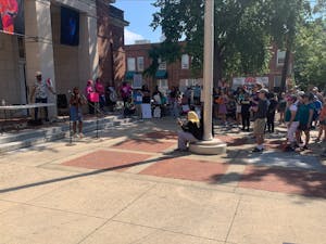 Supporters of abortion rights gathered at the Peace and Justice Plaza in Chapel Hill to protest the Supreme Court's decision to overturn Roe v. Wade on June 25, 2022.