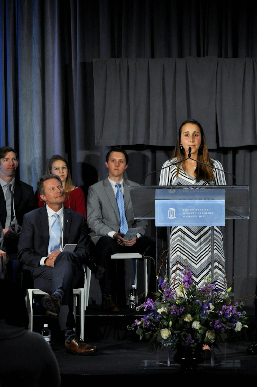 Second-year student at the School of Dentistry and a recipient of the Dr. Claude A. Adams Jr. scholarship Pegah Khosravi-Kamrani speaks at the announcement of a $27.68 million gift to UNC's School of Dentistry in the Koury Oral Health Sciences building on Wednesday, Feb. 20, 2019. "I pledge to use dentistry as a means to serve others facing dental hardships," said Khosravi-Kamrani during her remarks.