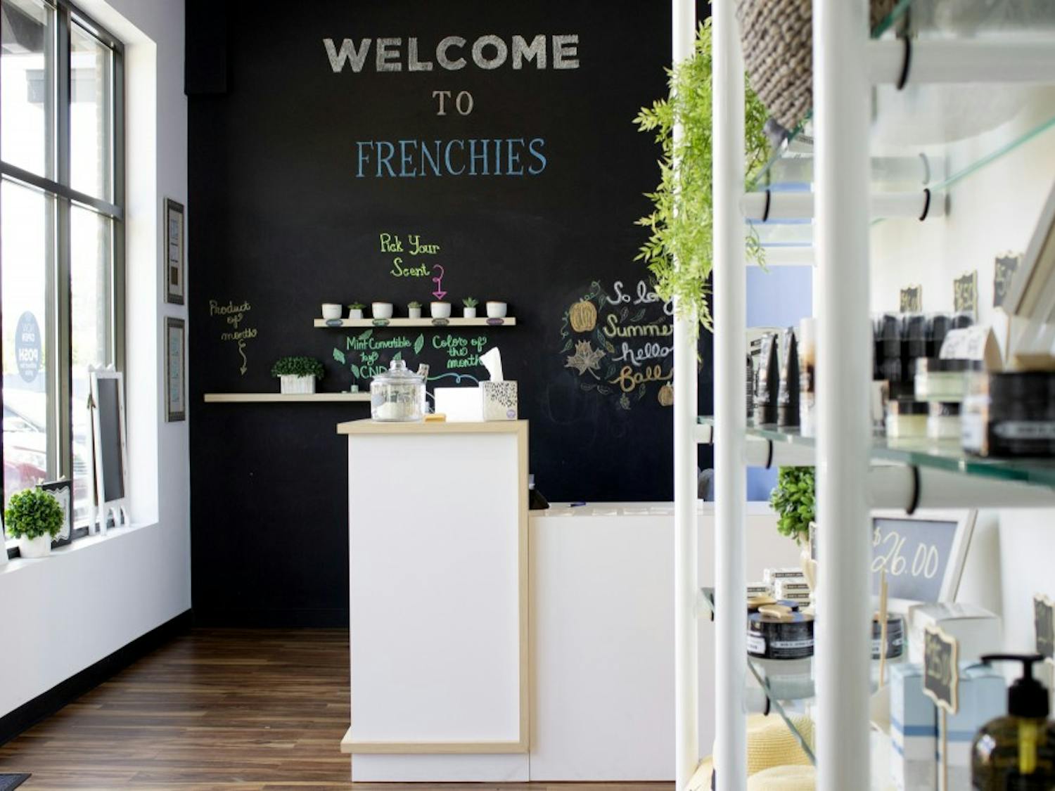 Customers get free rein over their Frenchies experience starting at the door. The scent wall allows you to pick your scent for sugar and scrub and looks over to the retail section, where Frenchies sells only all-natural products they use in-store. Photo by Melissa Fernandez.