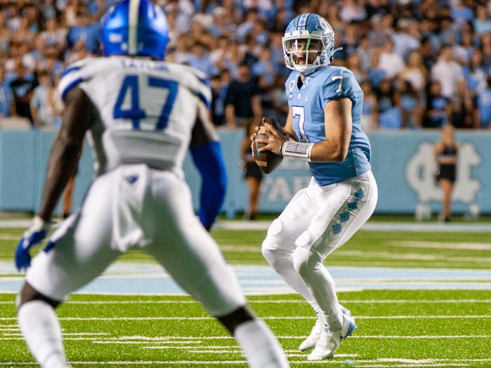 UNC junior quarterback Sam Howell (7) prepares to shotgun the ball during the Tar Heels' home matchup in Kenan Memorial Stadium on Saturday, Sept. 11, 2021 against the Georgia State Panthers.