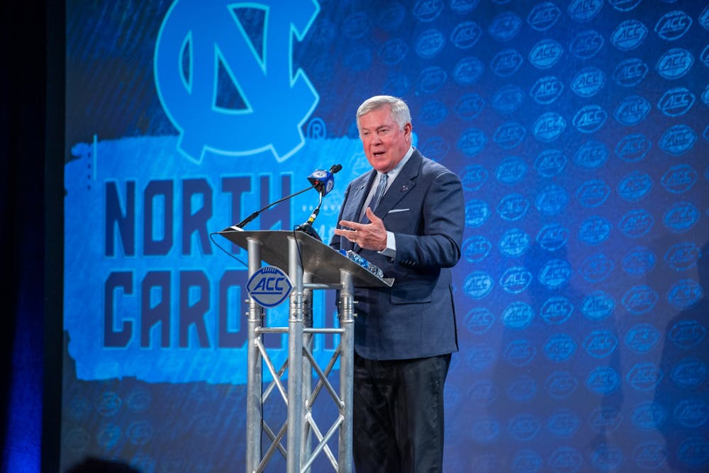 UNC football head coach Mack Brown speaks during the ACC Football Kickoff at The Westin Charlotte in Charlotte, NC on Thursday, July 21, 2022. 