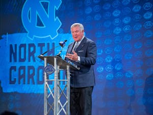 UNC football head coach Mack Brown speaks during the ACC Football Kickoff at The Westin Charlotte in Charlotte, NC on Thursday, July 21, 2022. 