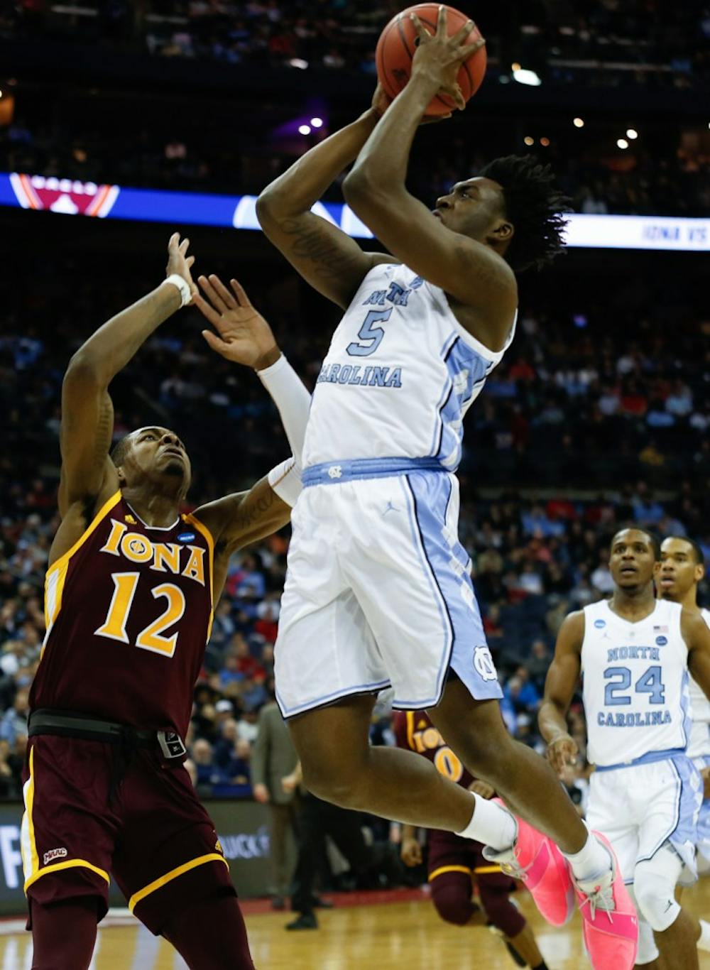 First-year forward Nassir Little (5) takes a shot during the first round of the NCAA Championship against Iona at Nationwide Arena in Columbus, Ohio on Friday, March 22, 2019.