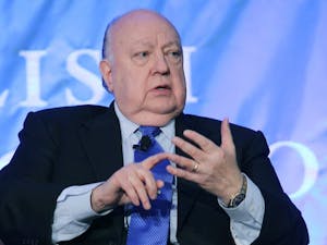 	Fox News Chairman and CEO Roger Ailes speaks in Carroll Hall on Thursday as part of the Roy H. Park Distinguished Lecture Series. He gave advice to aspiring journalists.