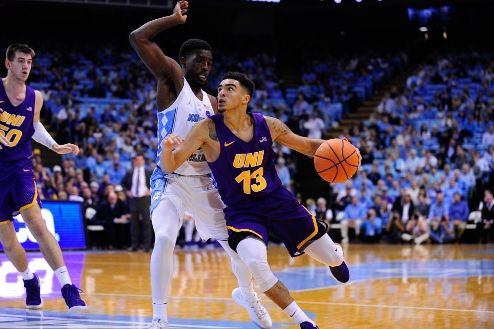 Guard Jalek Felton (5) guards against a Northern Iowa player on Friday in the Smith Center.