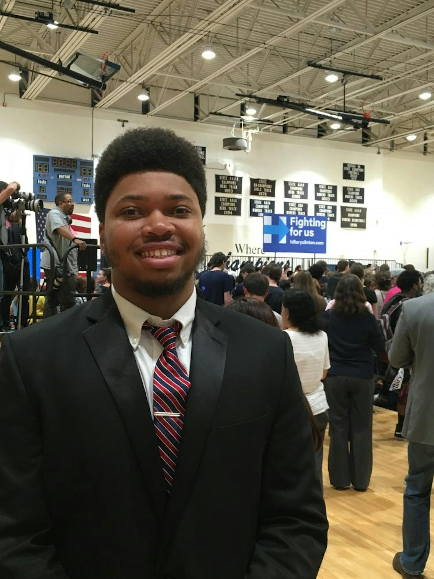 Hillside Senior Jalen McGee poses before Hillary Clinton takes the stage.&nbsp;