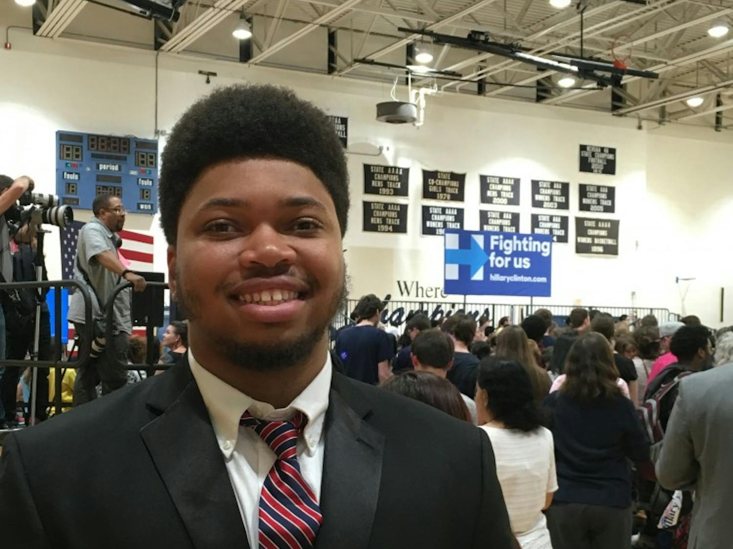 Hillside Senior Jalen McGee poses before Hillary Clinton takes the stage.&nbsp;