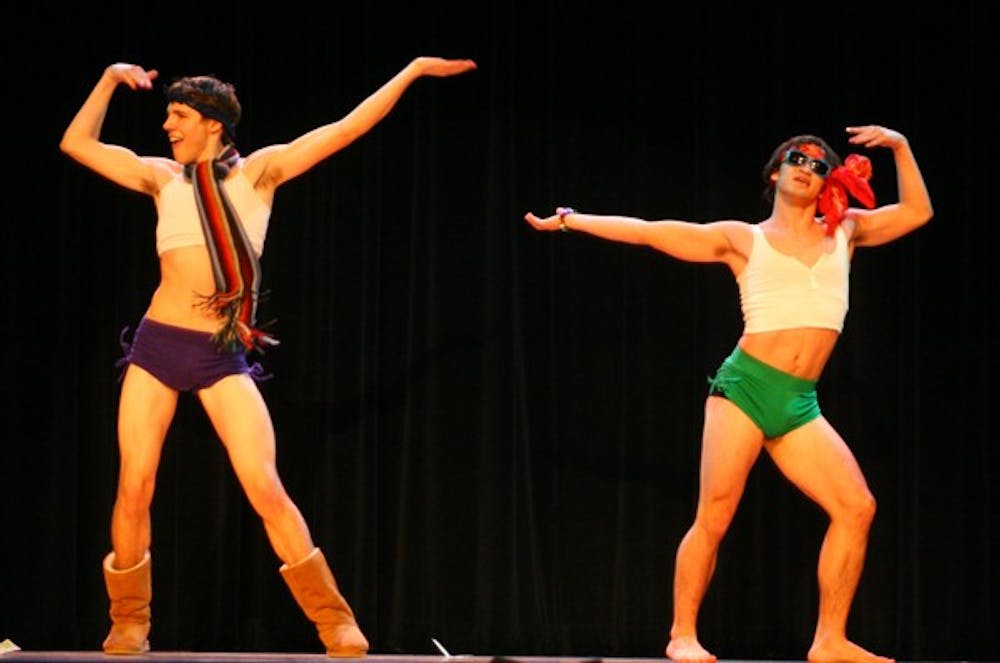 Patrick Clay (left) and Tim Armstrong perform as “Kiki” and “Dick Jagger” Thursday.  DTH/Heather Kagan