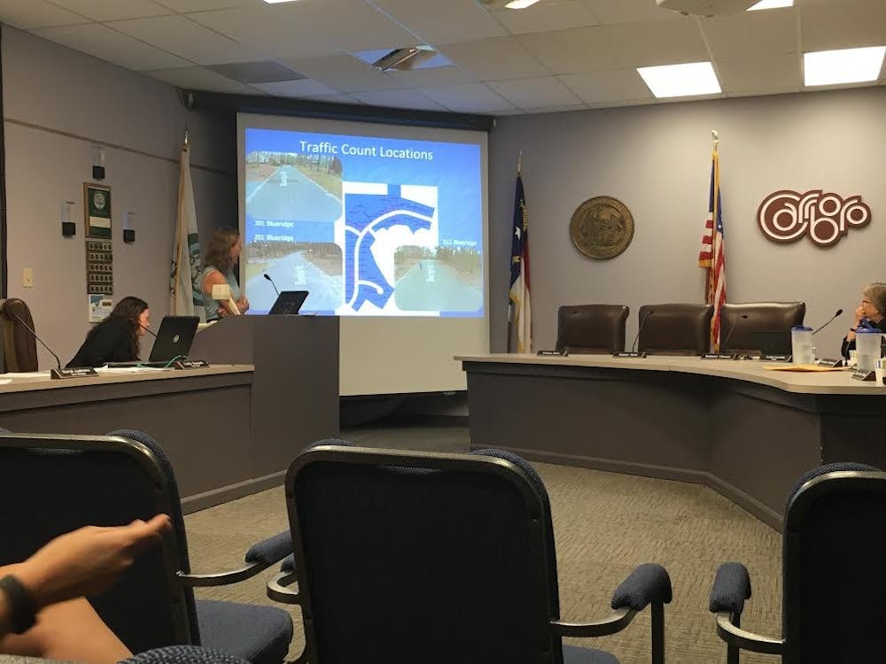 <p>Bergen Watterson discusses traffic calming efforts on Blue Ridge Road in Carrboro at the Board of Aldermen meeting Tuesday night.&nbsp;</p>