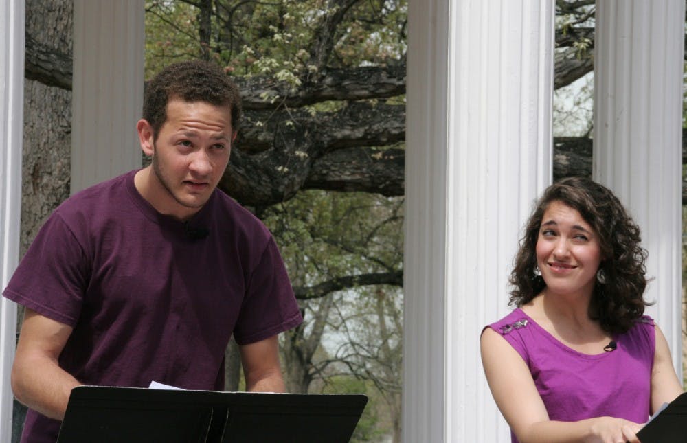 The Water Theme play read on March 22nd at 1:30pm at the Old Well as part of the two year water theme. The play read was called "The Way of Water" by Caridad Svich.PicturedStephanie Linas-plays "Yuki", wearing purple shirt, senior, Dramatic Art major, says that the play was workshopped in NYC and that "The purose of the reading is to get feedback." Allen Tedder-plays "Jimmy", sophomore Dramatic Art majorMadison Scott-Stage Manager, Sophomore Global Studies of the Middle East and Dramatic Art double major (in the scarf) The reading was headed by Nathaniel Claridad, a MFA Candidate in Professional Actor Training, not present 