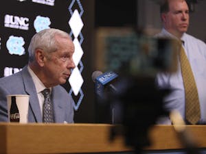Head Coach Roy Williams speaks to the press after the game against N.C. State in the Smith Center on Tuesday, Feb. 25, 2020. UNC beat N.C. State 85-79.