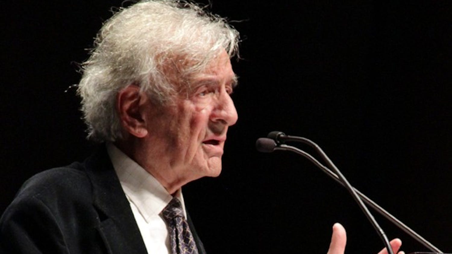 Elie Wiesel gives a speech titled “Against Indifference” in Memorial Hall on Sunday afternoon. Wiesel received the 1986 Nobel Peace Prize.