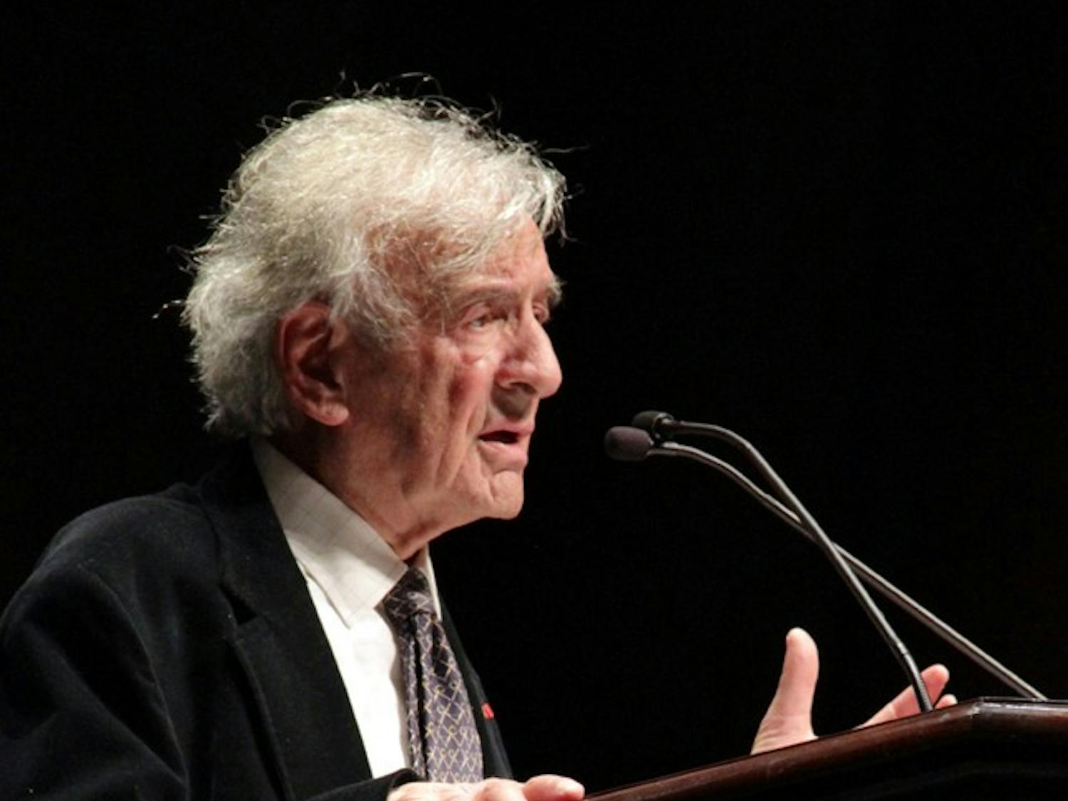 Elie Wiesel gives a speech titled “Against Indifference” in Memorial Hall on Sunday afternoon. Wiesel received the 1986 Nobel Peace Prize.