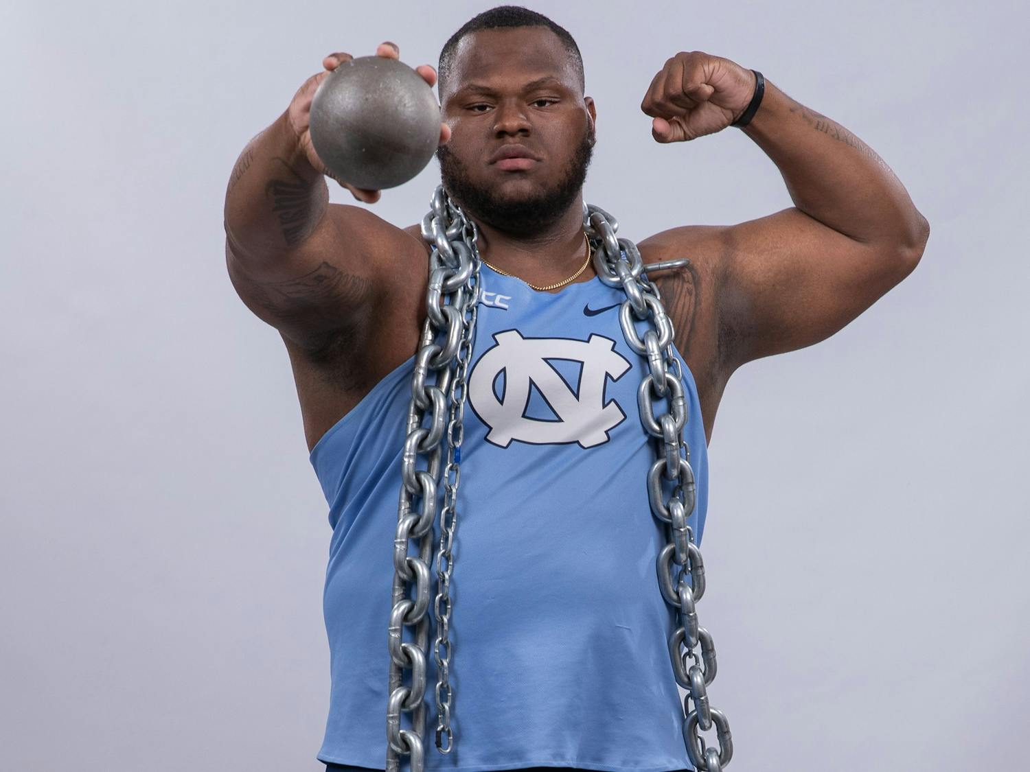 UNC junior thrower Madias Loper poses for Track &amp; Field Photo Day on Oct. 26, 2022.
Photo Courtesy of UNC Athletic Communications.