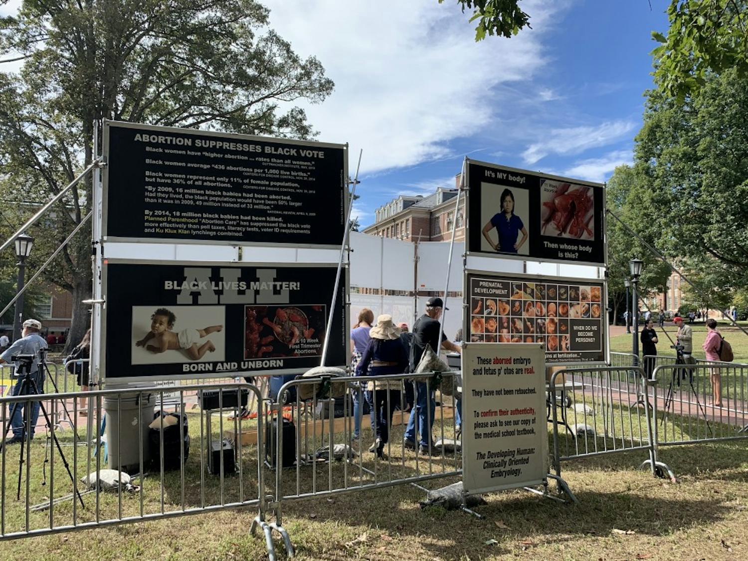 The Genocide Awareness Project, an anti-abortion movement, came to campus on Monday, October 21, 2019 for a demonstration. The project's large-scale installation compared abortion to historic acts of violence and genocide.